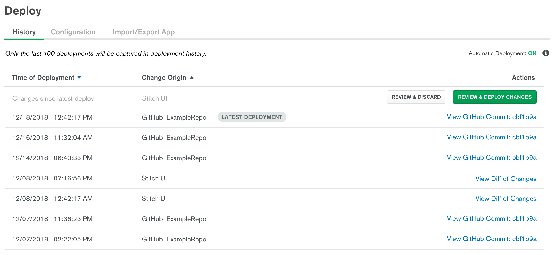 The table of application deployment history logs in the Stitch UI